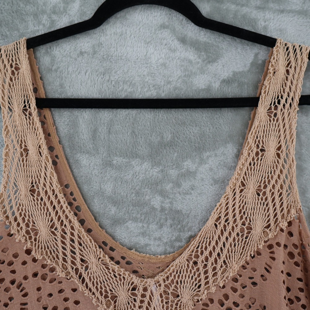 Free People Mini Dress Womens Med Brown Boho Eyelet Beaded Crochet Tunic Coverup - Picture 9 of 15